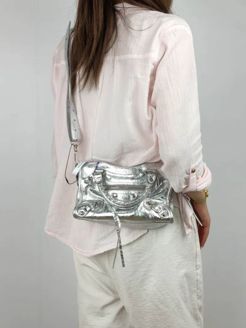 BALENCIAGA Crossbody Bag Classic City Silver Lambskin Mini 24 × 10 × 16 cm — on-model view 1 of 3
