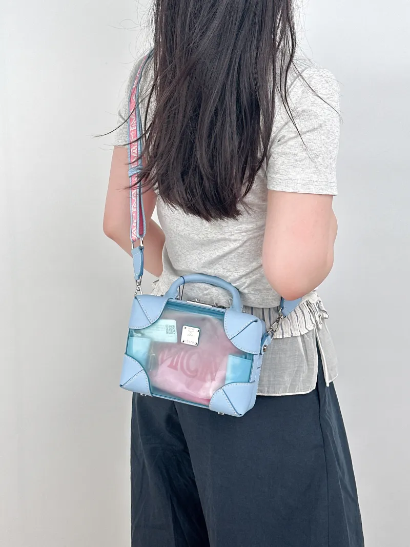 MCM Crossbody Bag Soft Berlin Visetos Box Top Handle Crossbody Bag Blue PVC Pink Canvas 19 × 8 × 14 cm — on-model view 1 of 3