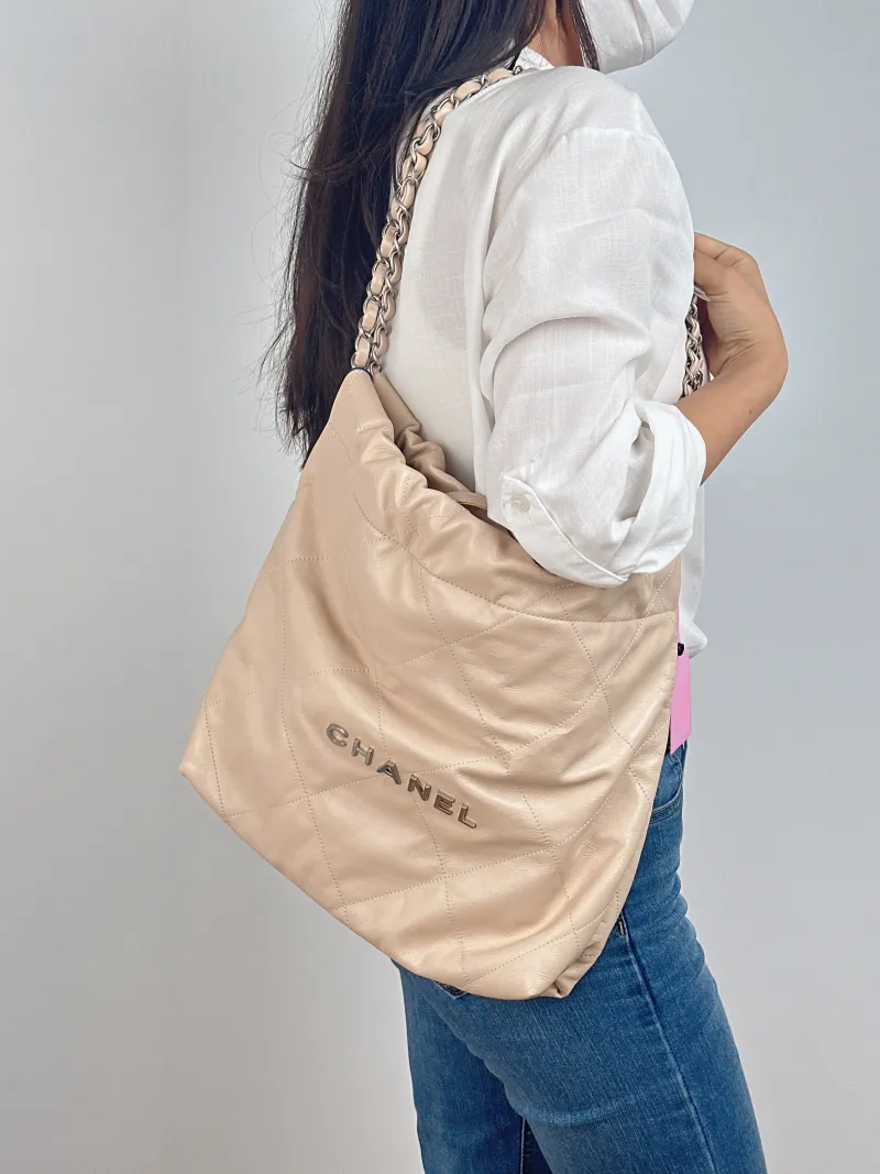 Chanel Shoulder Bag 22Bag Beige Calfskin Small 35 × 7 × 37 cm — on-model view 2 of 2