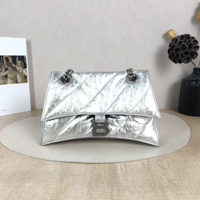 BALENCIAGA Shoulder Bag CRUSH Chain Bag Silver Calfskin Small 25 × 8 × 15 cm