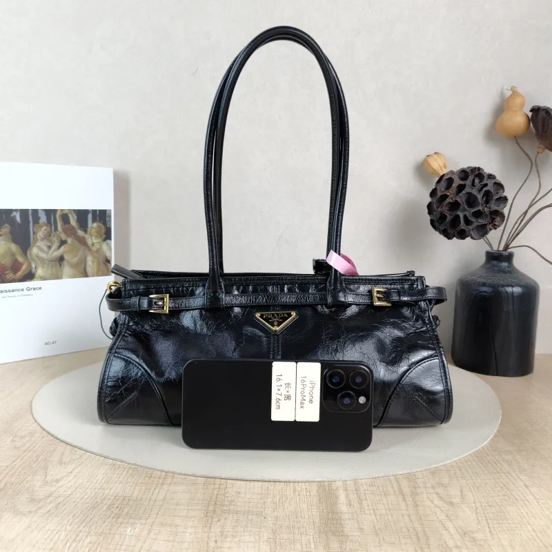 PRADA Shoulder Bag Bonnie Soft Lux Black Waxed Leather Medium 32 × 12 × 15.5 cm — cover view 4 of 6