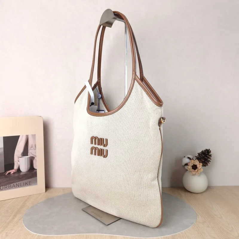 Miumiu Shoulder Bag IVY Tote Shopping Tote Beige Brown Canvas Medium 35*40 — cover view 2 of 5