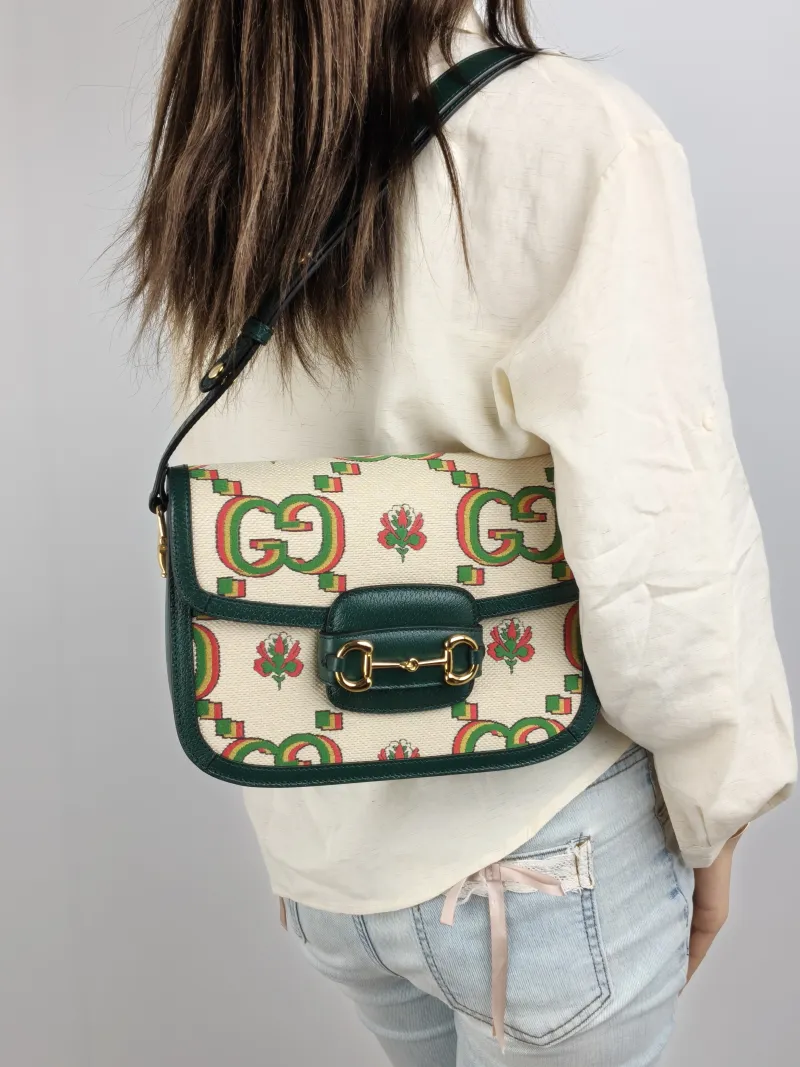GUCCI Crossbody Bag Horsebit 1955 Horsebit Medium Colorblock Canvas Medium 25 × 8 × 18 cm — on-model view 1 of 2