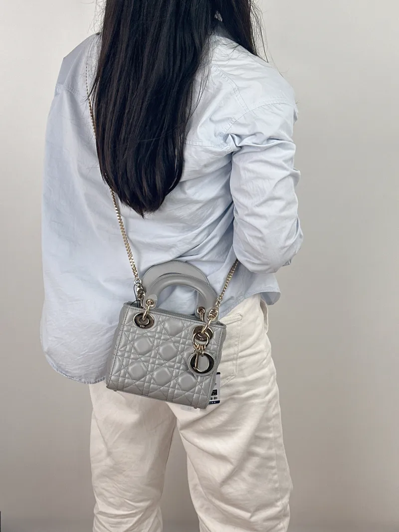 DIOR Crossbody Bag Lady Lady Dior Bag Grey Lambskin Mini 17 × 7 × 15 cm — on-model view 1 of 2
