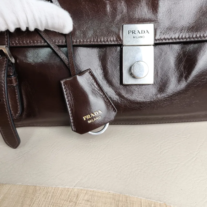 PRADA Top Handle Bag Tote Bag Brown Waxed Leather One Size 31.5 × 11 × 17 cm — detail view 8 of 13