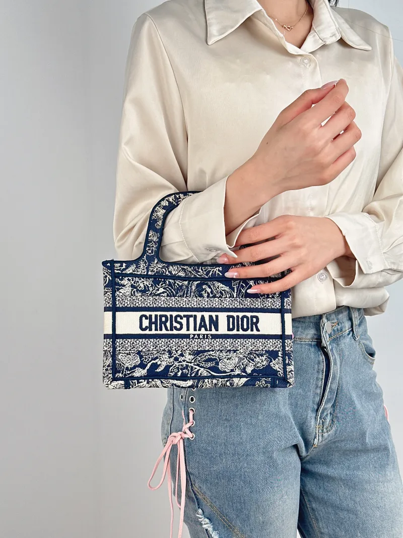 DIOR Top Handle Bag Book Tote Collection · White Blue Canvas Mini 22.5 × 6 × 15 cm — on-model view 1 of 2
