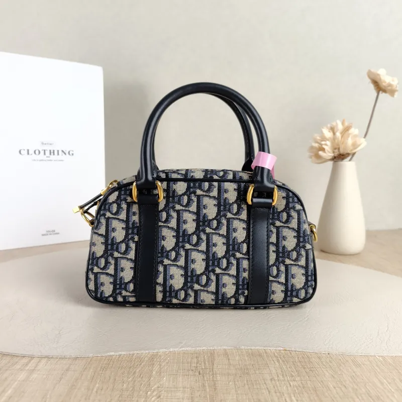 DIOR Crossbody Bag D-Vibe East-West Bowling Bag Blue Canvas Mini 20.5 × 7 × 12 cm