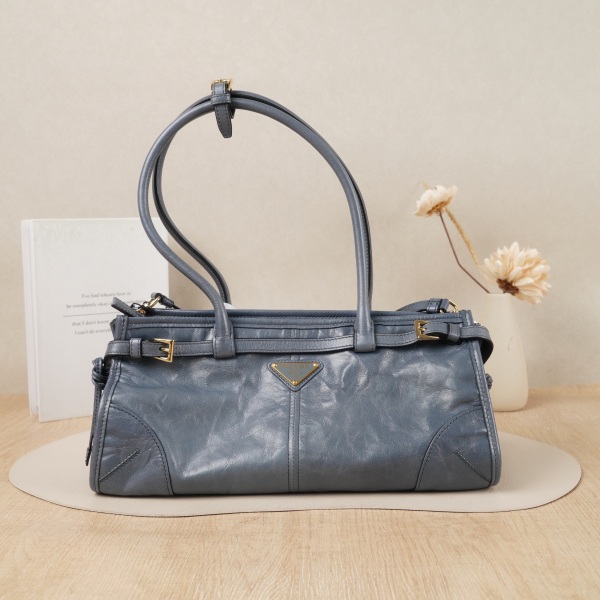 PRADA softlux Medium Blue Waxed Leather Shoulder Strap · 32 × 12 × 15.5 cm