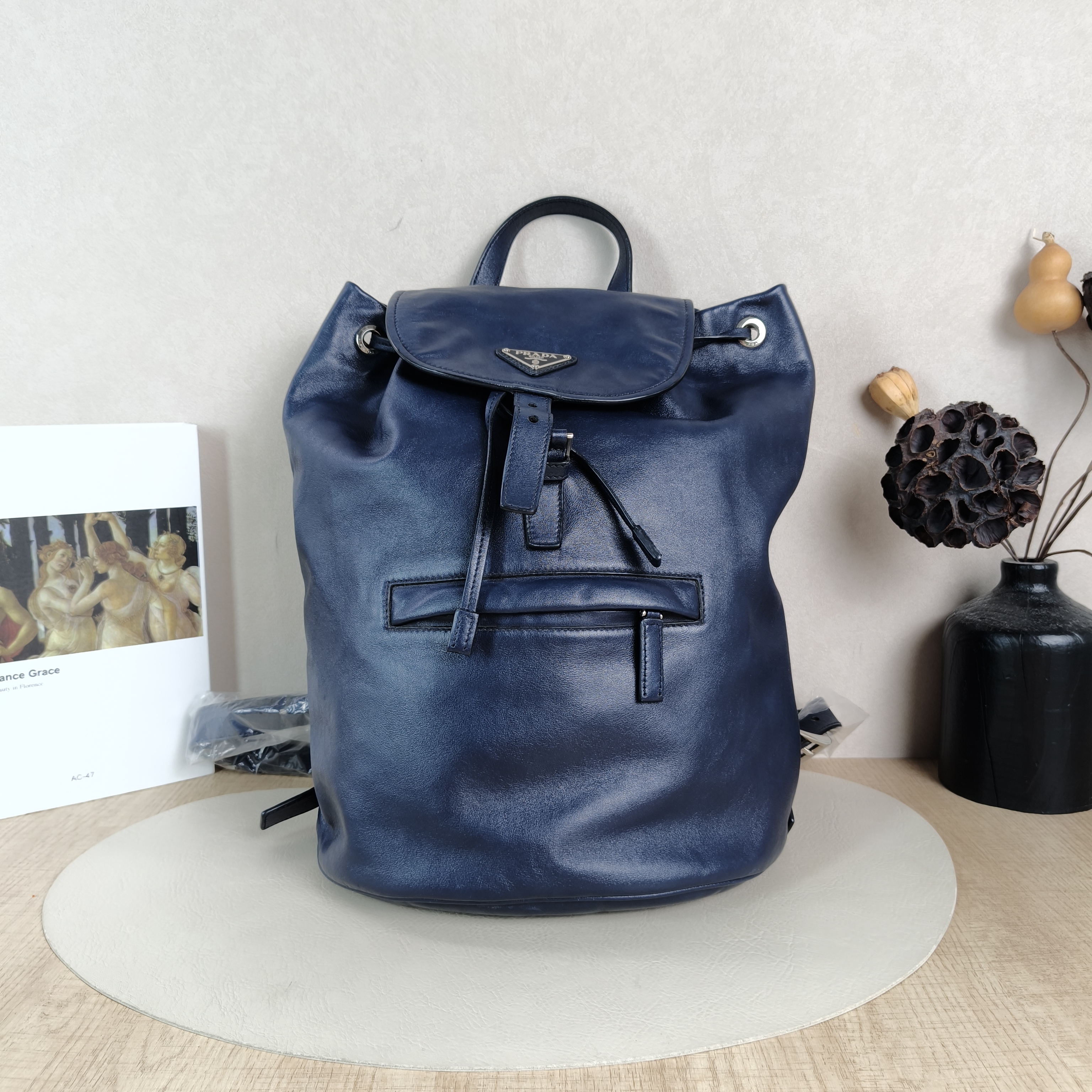 PRADA Backpack Backpack Navy Calfskin One Size27 × 15 × 37 cm