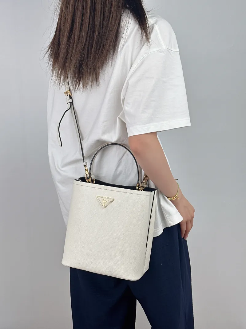 PRADA Shoulder Bag Panier White Calfskin One Size22 × 13 × 23 cm — on-model view 1 of 2