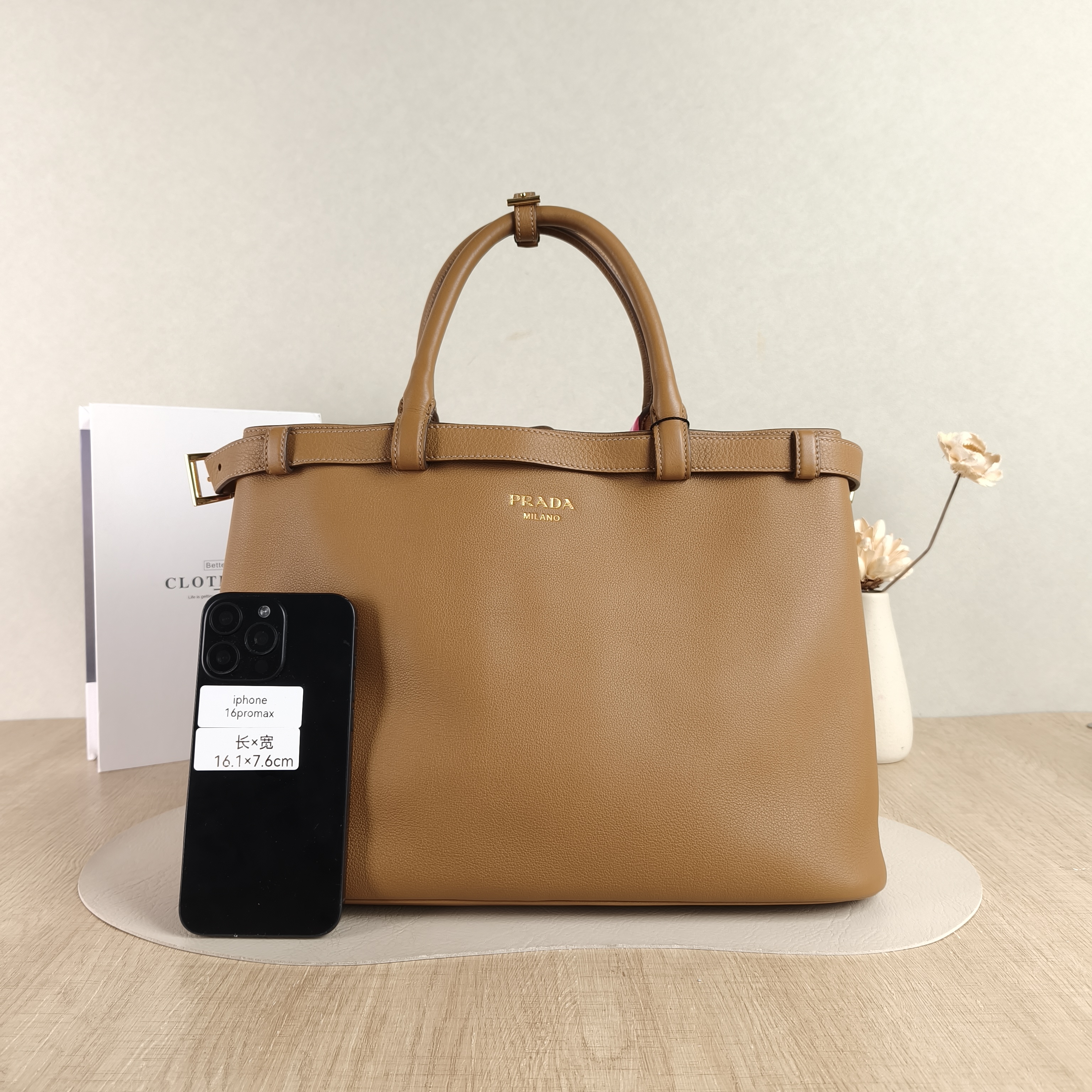 PRADA Shoulder Bag Buckle Tote Bag Caramel Calfskin Medium35 × 14 × 25 cm — cover view 2 of 5