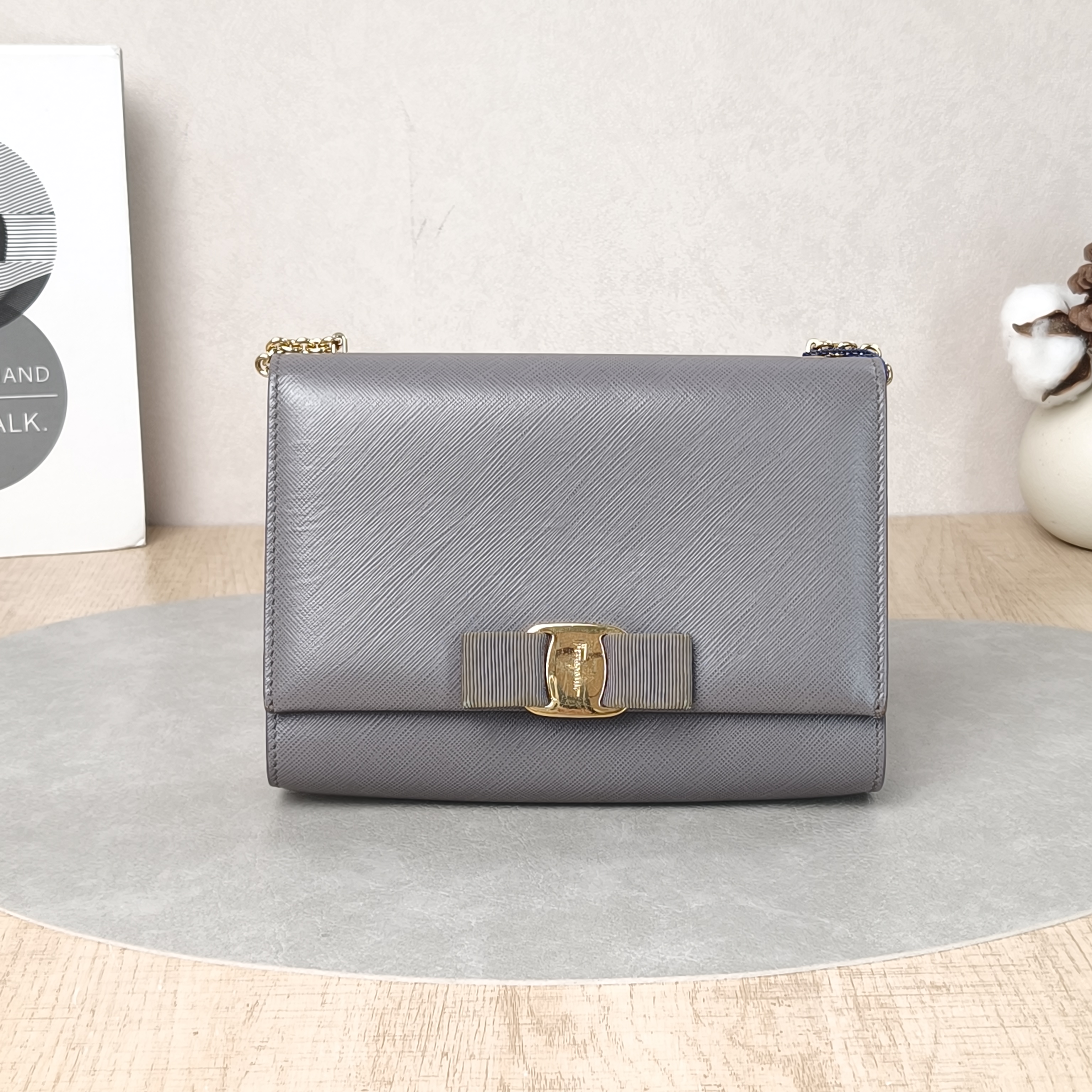 FERRAGAMO Crossbody Bag Chain Bag Grey Calfskinmini19 × 4 × 13 cm