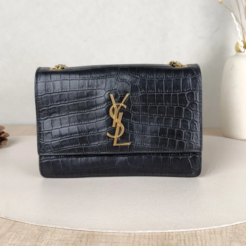 SAINT LAURENT Crossbody Bag SUNSET Black with Gold-Tone Hardware Calfskin Small19.5 × 8 × 14 cm