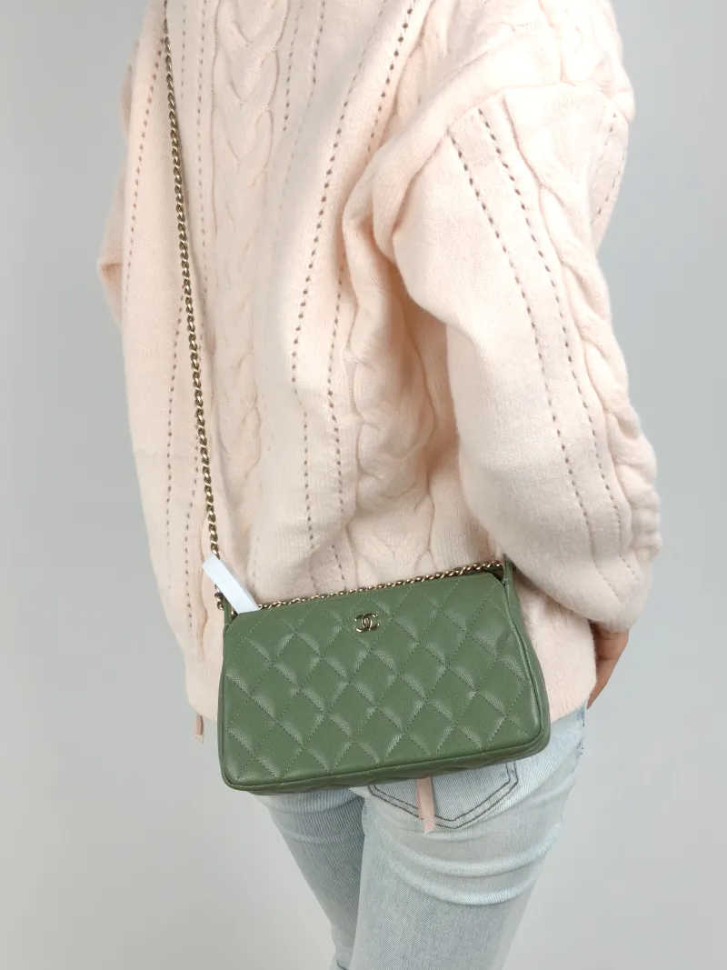 Chanel Crossbody Bag Green Grained Calfskin One Size 21 × 5 × 12 cm — on-model view 2 of 2