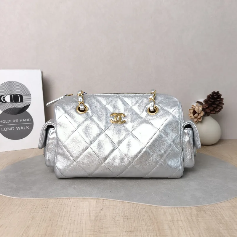 Chanel Shoulder Bag 25k Bowling Bag Silver Calfskin Small 24 × 11.5 × 15.5 cm