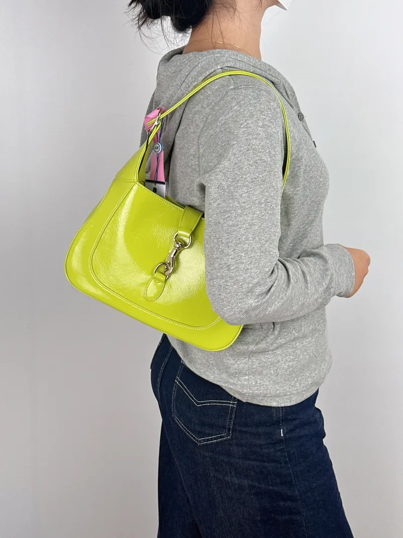 GUCCI Crossbody Bag Jackie 1961Collection Green Patent Leather Medium 27.5 × 4 × 19 cm — on-model view 1 of 2
