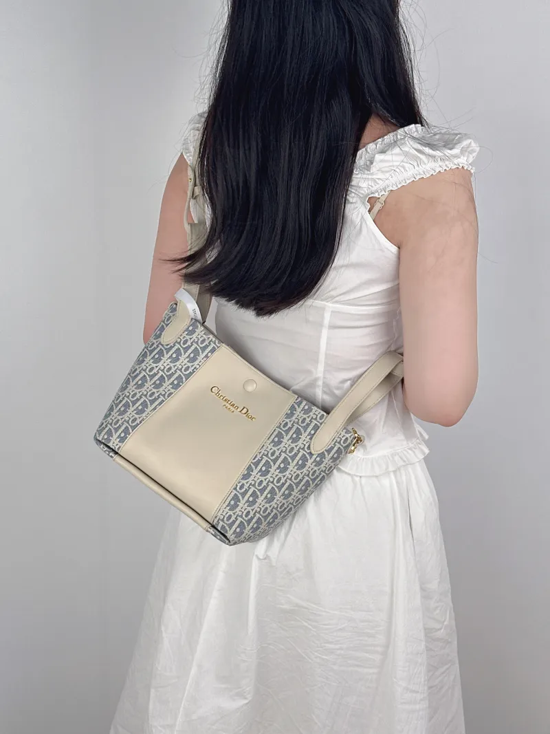 DIOR Top Handle Bag Signature Bucket Bag Beige · Blue Canvas · Calfskin Small21 × 11 × 19 cm — on-model view 1 of 2