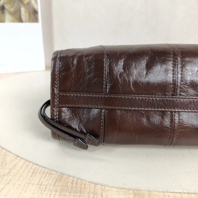 PRADA Top Handle Bag Bonnie Soft Lux Brown Waxed Leather Mini 23.5 × 9 × 12 cm — detail view 13 of 13