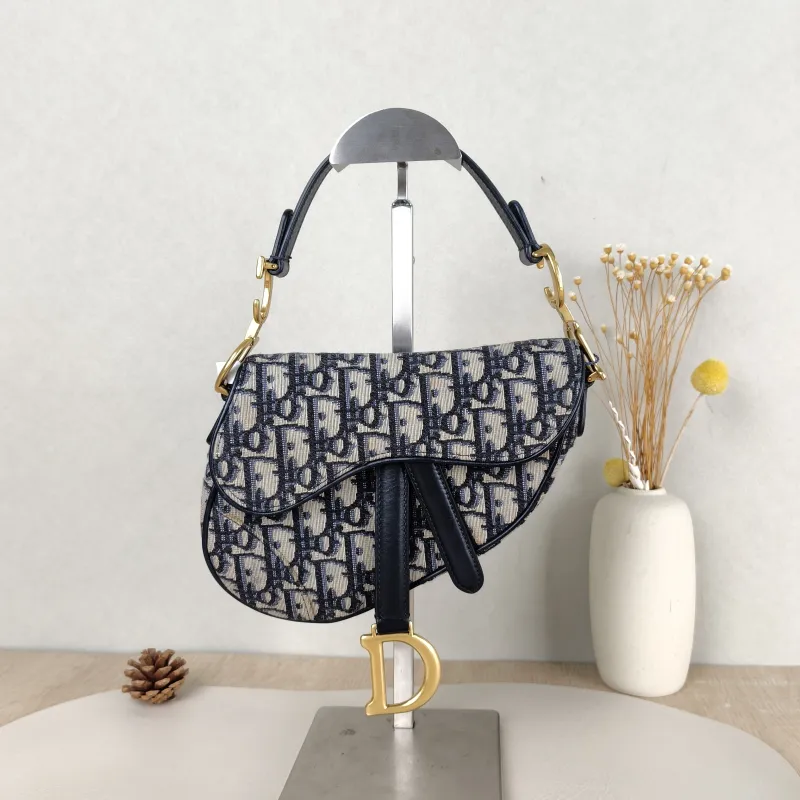 DIOR Top Handle Bag Saddle Blue Canvas Mini 19 × 6 × 15 cm