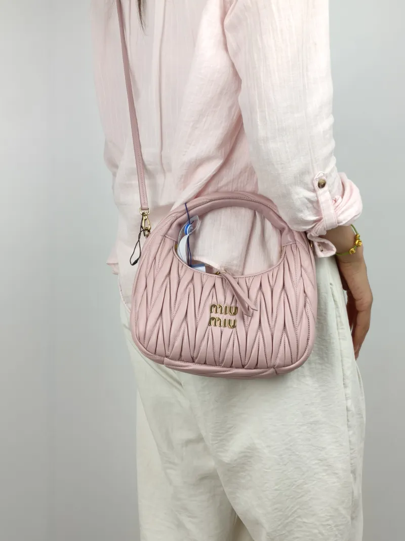 Miumiu Shoulder Bag Wander Matelassé Hobo Pink Lambskin Small 20 × 6 × 17 cm — on-model view 3 of 3