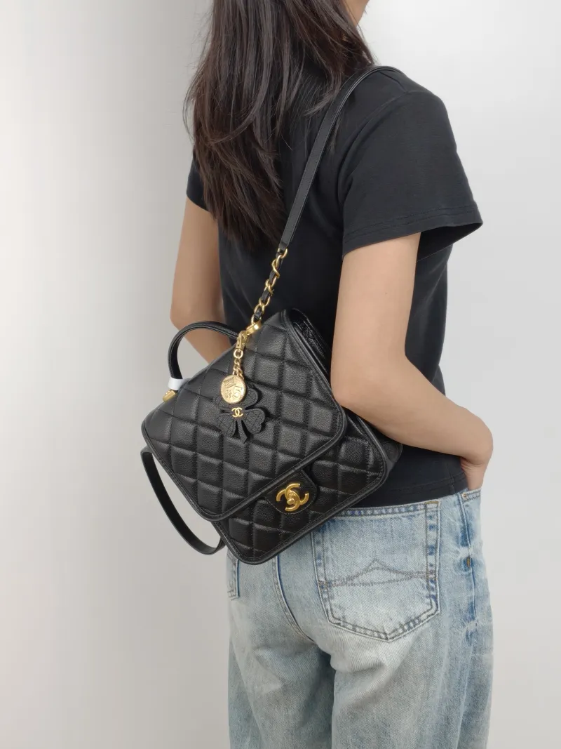 Chanel Backpack Backpack Black Grained Calfskin One Size 22 × 7 × 19.5 cm — on-model view 1 of 3