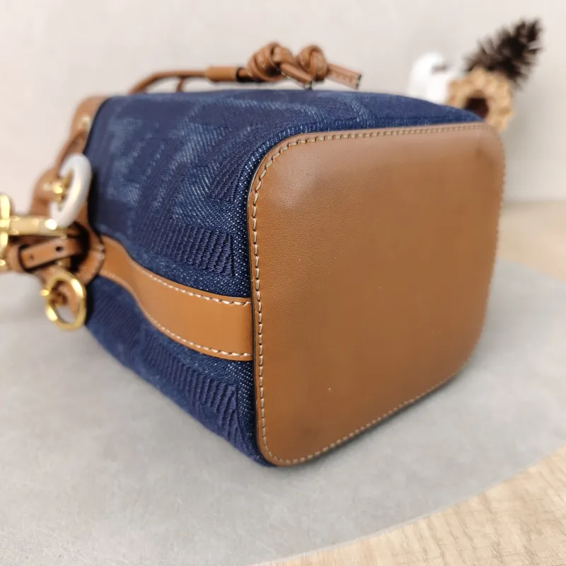FENDI Crossbody Bag Mon Tresor Bucket Bag Blue Brown Calfskin，Canvas Mini 12 × 10 × 18 cm — detail view 2 of 12