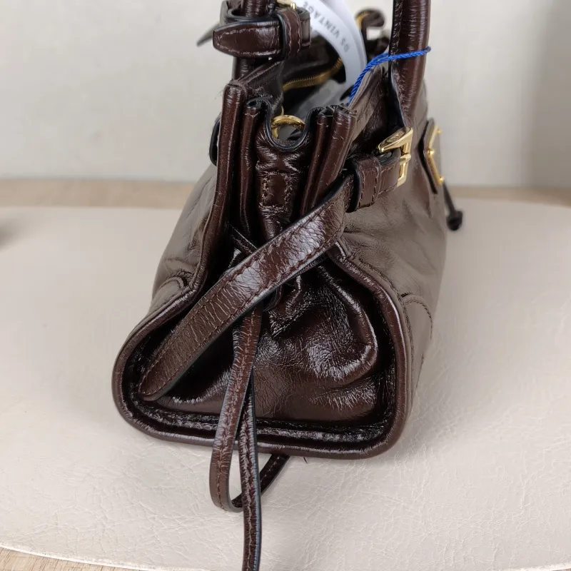 PRADA Top Handle Bag Bonnie Soft Lux Brown Waxed Leathermini23.5 × 9 × 12 cm — detail view 3 of 12