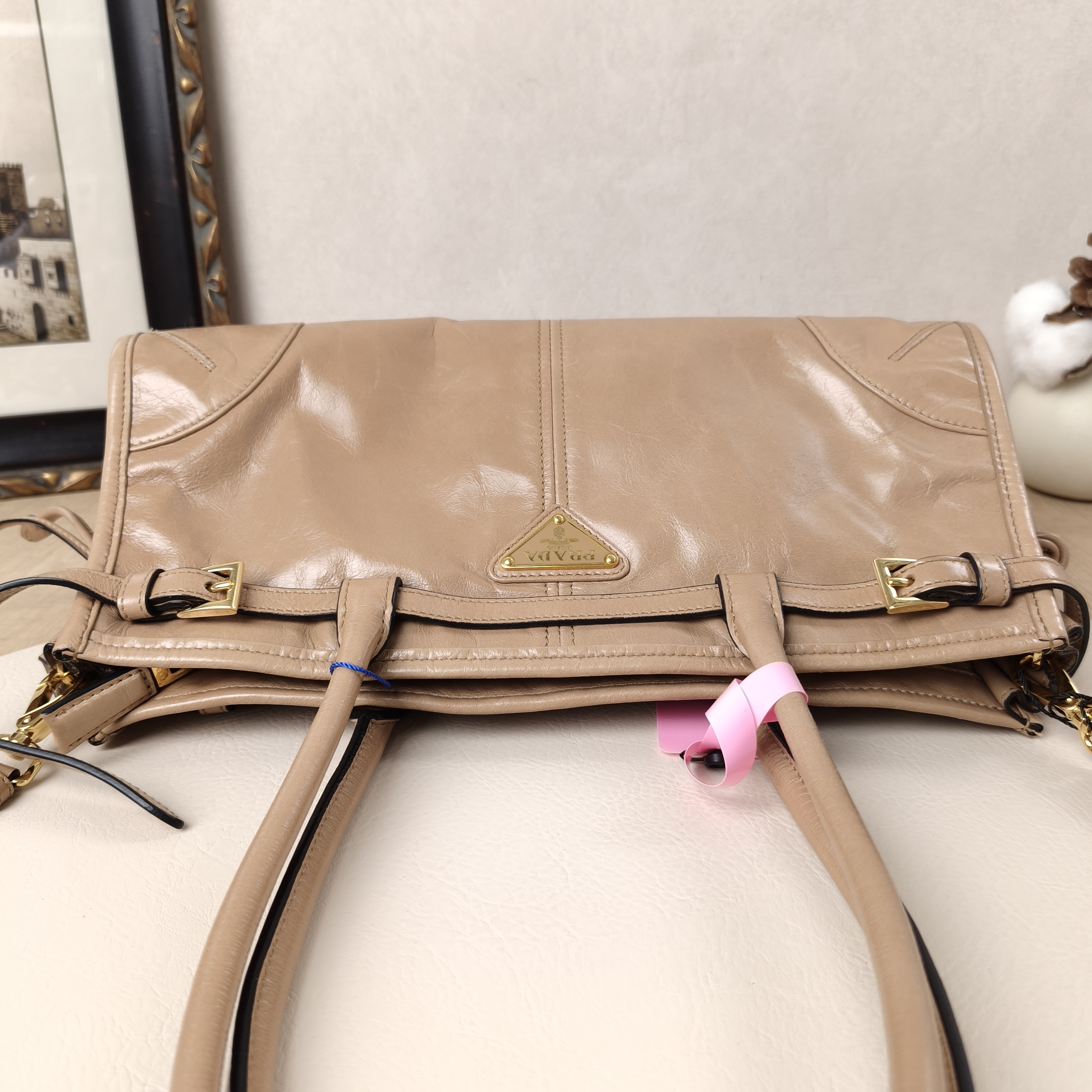 PRADA Shoulder Bag Bonnie Taupe Calfskin Medium32 × 12 × 15.5 cm — cover view 7 of 11