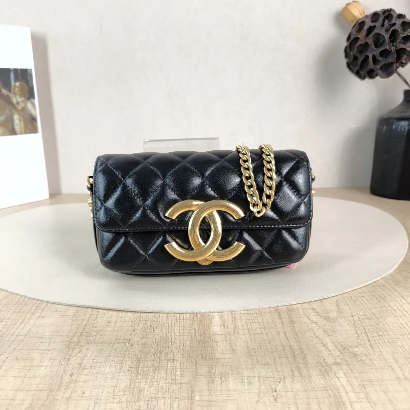 Chanel Crossbody Bag C logo Crossbody Bag Black with Gold-Tone Hardware Lambskin One Size 17 × 4 × 10 cm