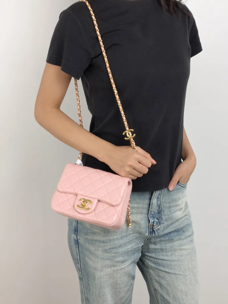 Chanel Crossbody Bag 25b c Pink Lambskin Mini 17 × 8 × 13.5 cm — on-model view 1 of 3