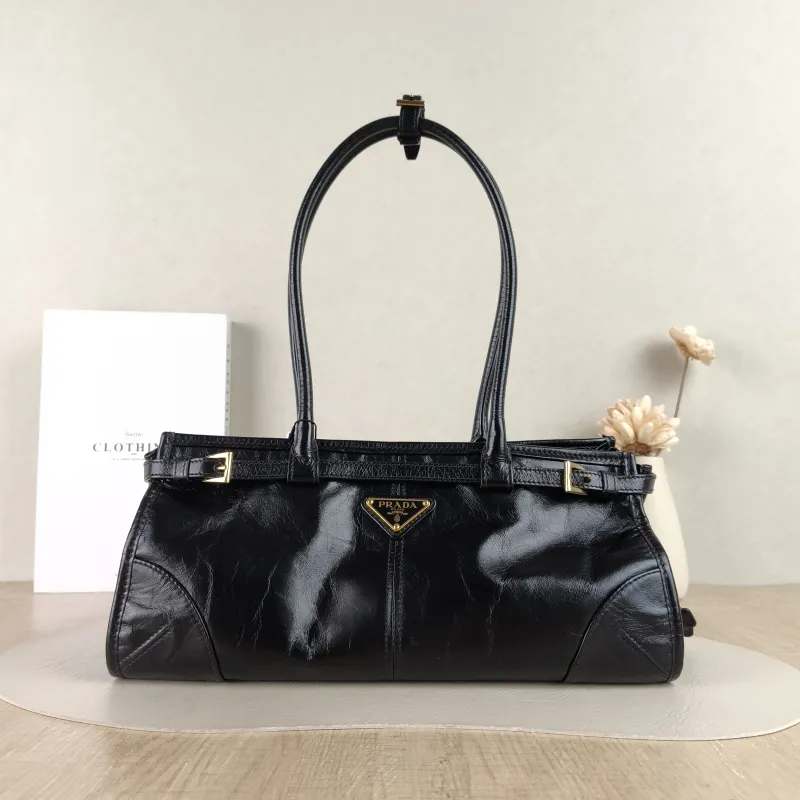 PRADA Shoulder Bag Bonnie Soft Lux Black Waxed Leather Medium 32 × 12 × 15.5 cm