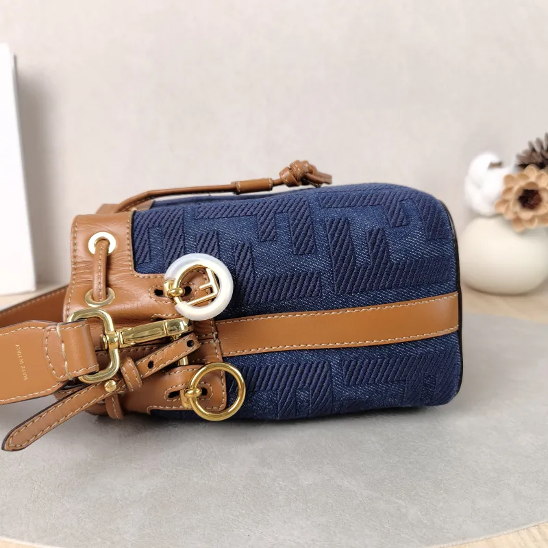 FENDI Crossbody Bag Mon Tresor Bucket Bag Blue Brown Calfskin，Canvas Mini 12 × 10 × 18 cm — detail view 7 of 12