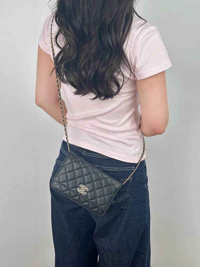 Chanel Crossbody Bag Classic Flap WOC CF WOCWOC Bag Woven c Black Calfskin One Size 19.2 × 3.5 × 12.3 cm — on-model view 2 of 2