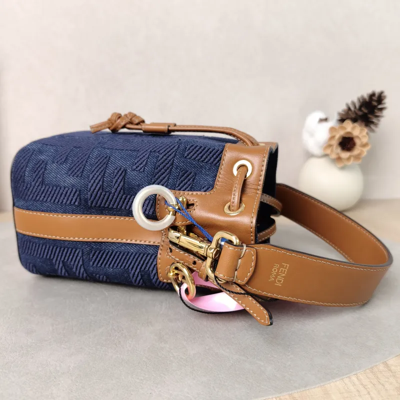 FENDI Crossbody Bag Mon Tresor Bucket Bag Blue Brown Calfskin，Canvas Mini 12 × 10 × 18 cm — detail view 12 of 12