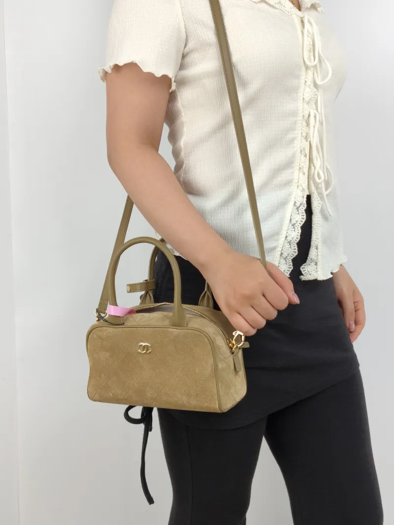Chanel Crossbody Bag Bowling Bag Taupe Suede One Size 20 × 9 × 12 cm — on-model view 2 of 3