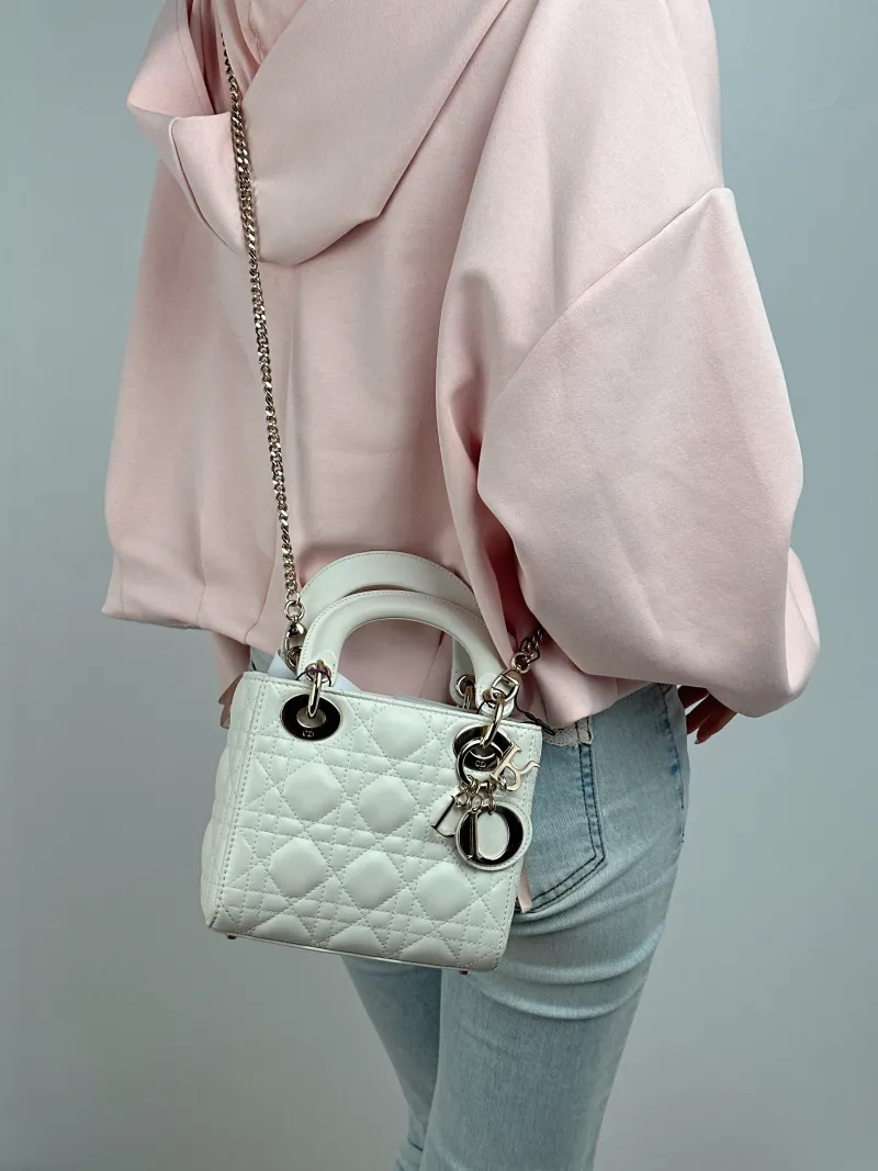 DIOR Crossbody Bag Lady Lady Dior Bag White Lambskin Mini 17 × 7 × 15 cm — on-model view 1 of 2