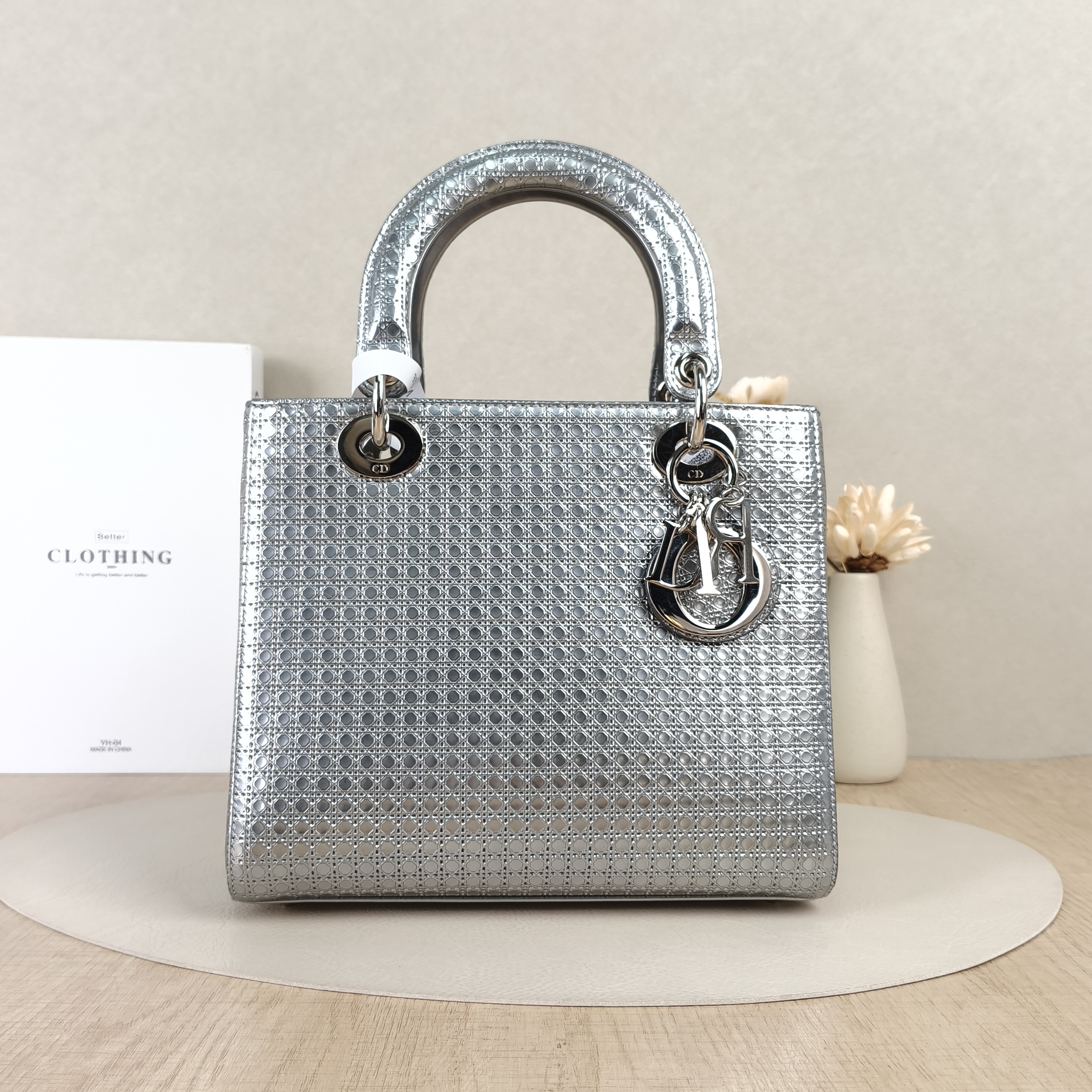 DIOR Top Handle Bag Lady Lady Dior Bag Silver PVC Medium24 × 12 × 21 cm