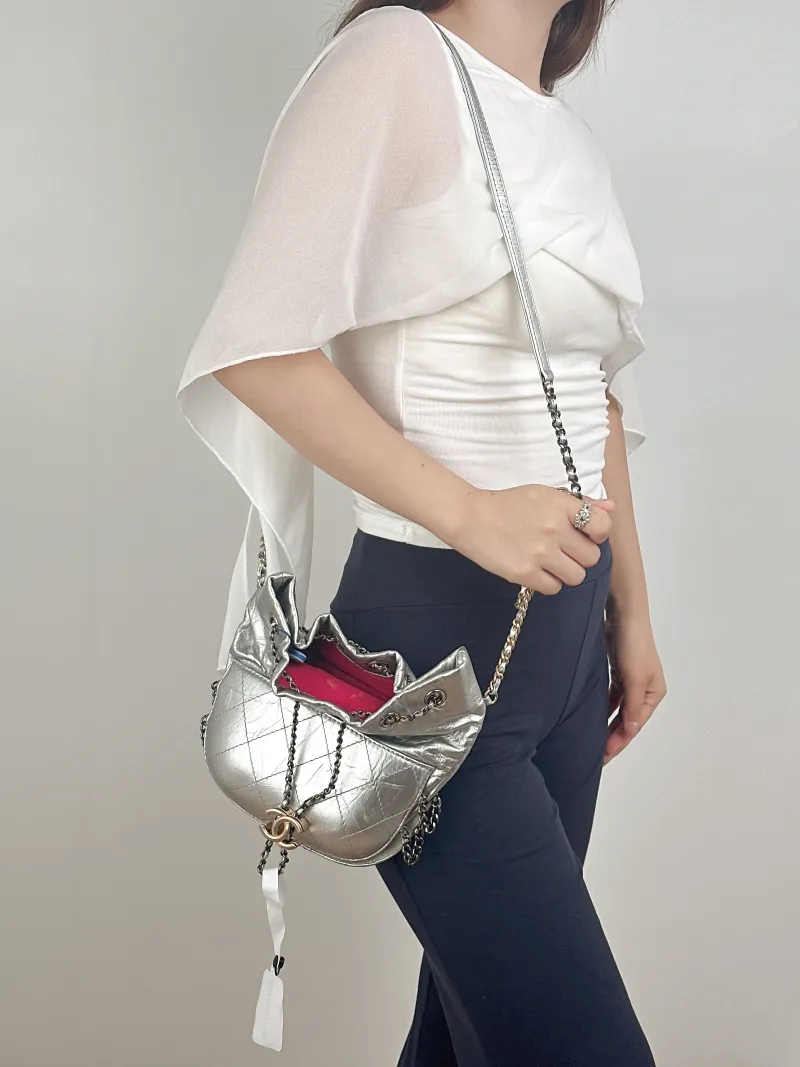 Chanel Crossbody Bag Gabrielle Collection Bucket Bag Silver Calfskin 20 × 6.5 × 22 cm — on-model view 2 of 2