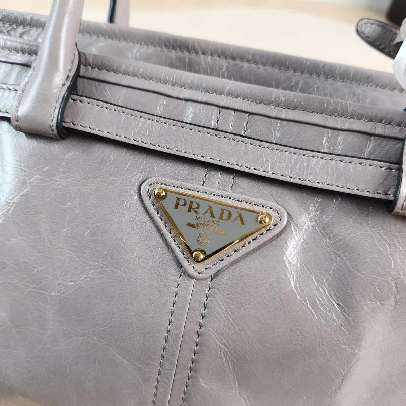 PRADA Shoulder Bag Bonnie Soft Lux Grey Waxed Leather Calfskin Medium 32 × 12 × 15.5 cm — detail view 7 of 13