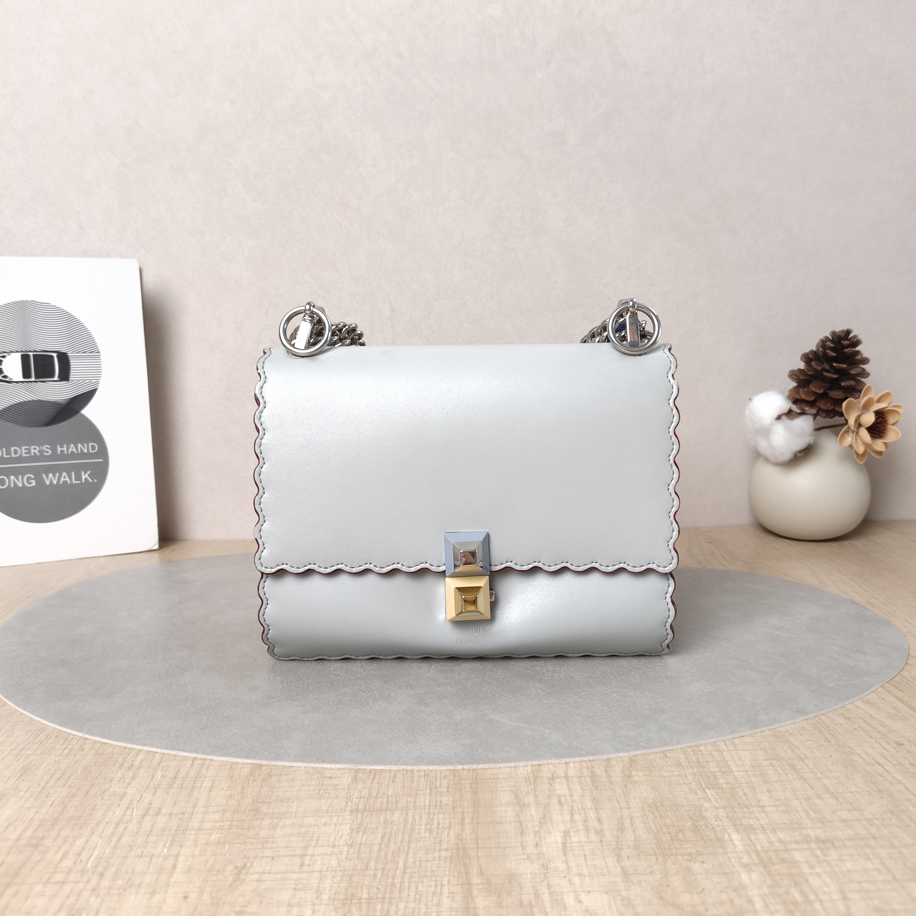 FENDI Crossbody Bag Kani Crossbody Bag Grey Calfskin 19.5 × 10 × 16 cm