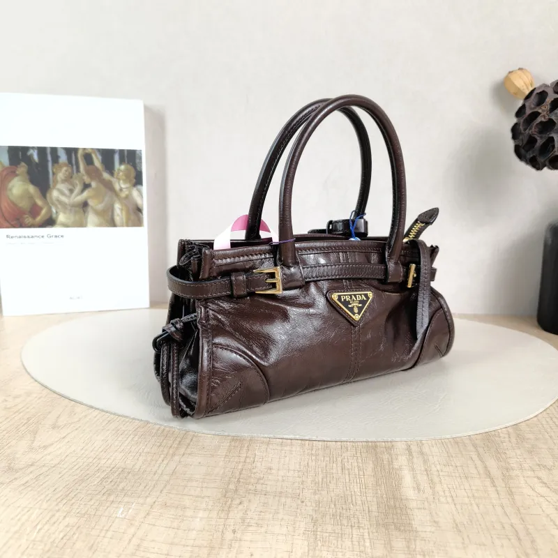PRADA Top Handle Bag Bonnie Soft Lux Brown Waxed Leather Mini 23.5 × 9 × 12 cm — cover view 3 of 5