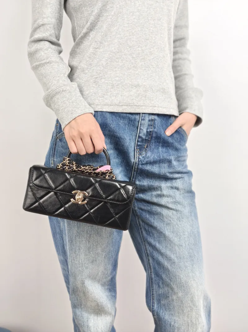 Chanel Crossbody Bag Box Bag Top Handle Crossbody Bag Black Calfskin 22 × 9 × 9.5 cm — on-model view 2 of 3