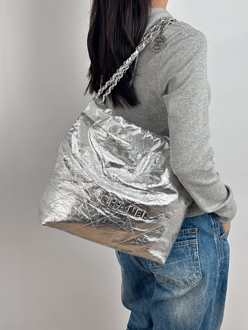 Chanel Shoulder Bag 22Bag Silver Calfskin Small 35 × 7 × 37 cm — on-model view 2 of 2
