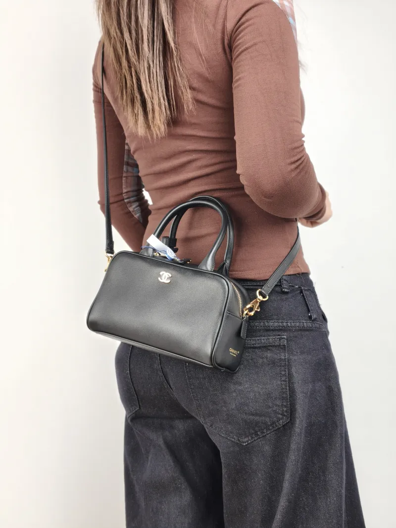 Chanel Shoulder Bag Bowling Bag Black Calfskin 20 × 8 × 12 cm — on-model view 2 of 3