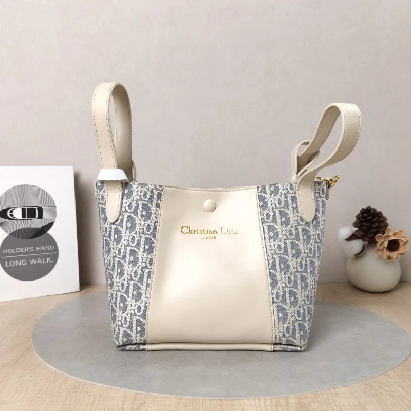 DIOR Top Handle Bag Signature Bucket Bag Beige · Blue Canvas · Calfskin Small21 × 11 × 19 cm