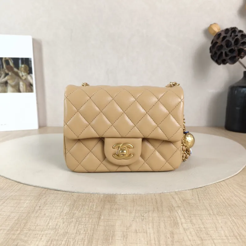 Chanel Crossbody Bag Taupe Lambskin Mini 17 × 8 × 13.5 cm