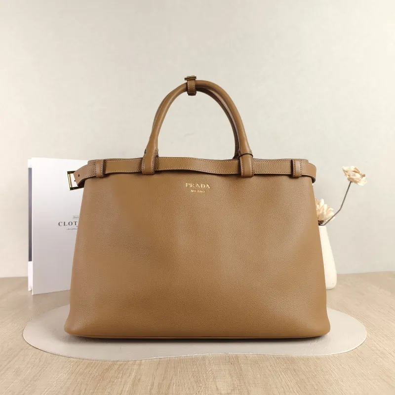 PRADA Shoulder Bag Buckle Tote Bag Caramel Calfskin Medium35 × 14 × 25 cm