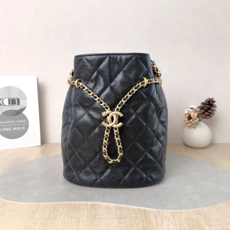 Chanel Shoulder Bag Bucket Bag Black Calfskin One Size 21 × 14 × 24 cm