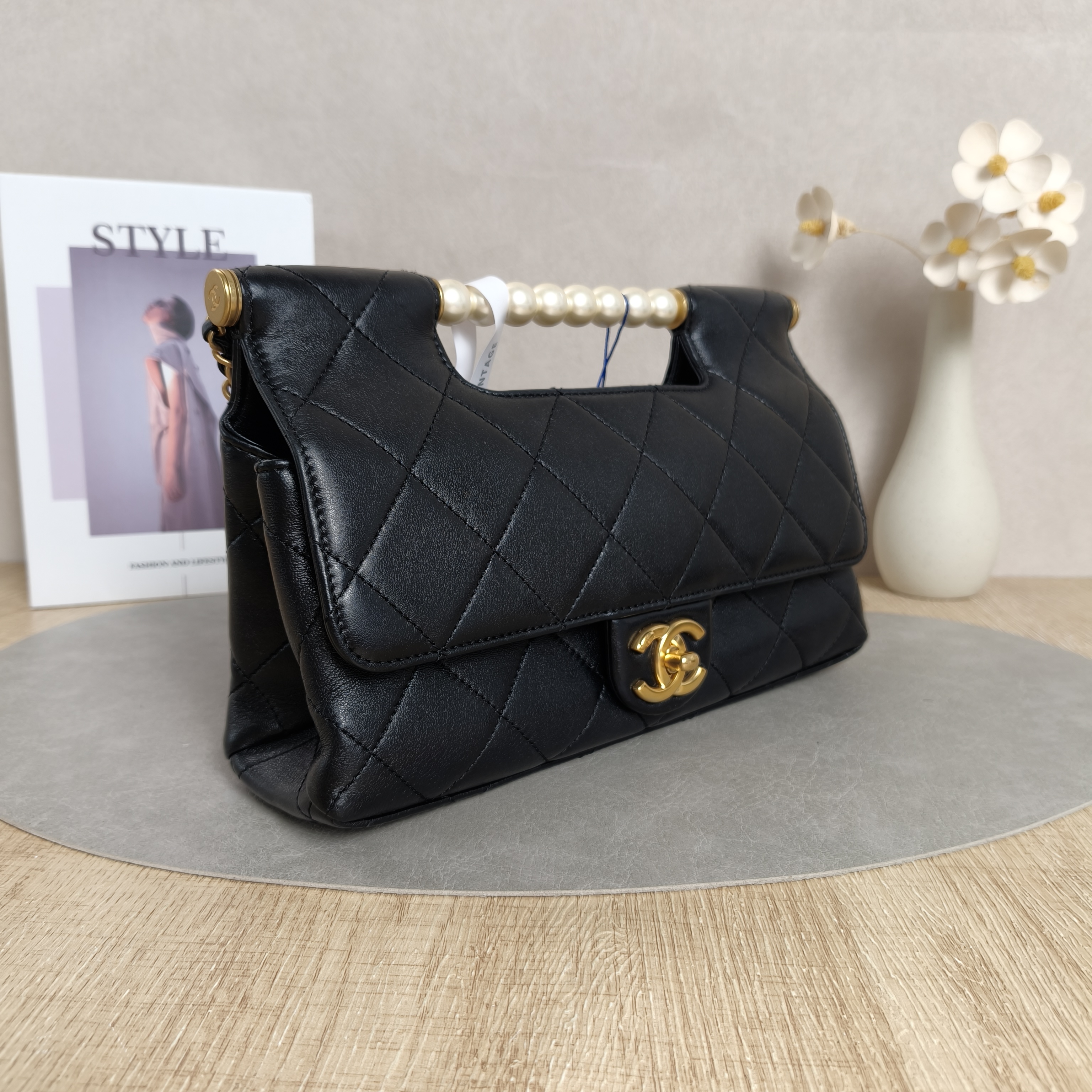 Chanel Pearl Chain Bag Black with Gold-Tone Hardware Lambskin Microchip Edition · 26 × 7 × 16 cm — cover view 5 of 10
