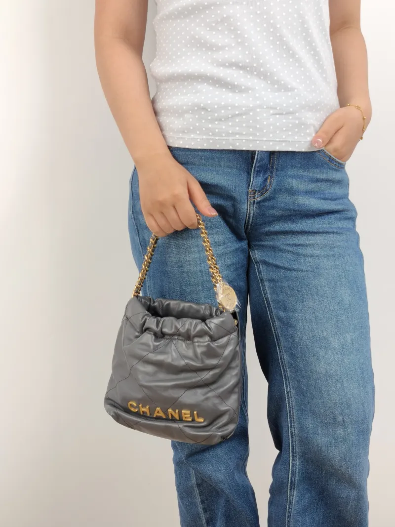 Chanel Shoulder Bag 22Bag Grey CC alfskin Mini 20 × 6 × 19 cm — on-model view 1 of 2